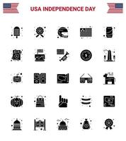 Usa Happy Independence Day Piktogrammsatz mit 25 einfachen soliden Glyphen von Can Usa Football Flag United editierbare Usa Day Vektordesign-Elemente vektor
