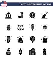 4. juli usa glücklicher unabhängigkeitstag symbol symbole gruppe von 16 modernen soliden glyphen von cola amerikanische usa usa guiter editierbare usa tag vektordesignelemente vektor