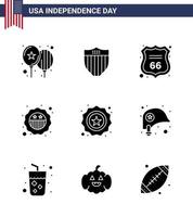 USA Lycklig oberoende dag piktogram uppsättning av 9 enkel fast glyfer av hjälm flagga säkerhet bricka amerikan redigerbar USA dag vektor design element