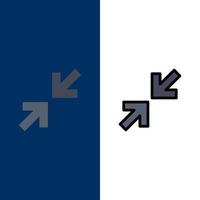 Pfeile Pfeil-Zoom-Symbole flach und Linie gefüllt Symbolsatz Vektor blauen Hintergrund