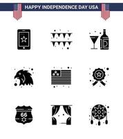 glücklicher unabhängigkeitstag usa paket mit 9 kreativen soliden glyphen von usa land wein adler tier editierbare usa tag vektor design elemente