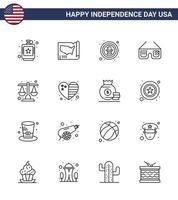 Usa Happy Independence DayPiktogrammsatz aus 16 einfachen Linien von Usa-Brillen Usa-Sonnenbrillen-Adler editierbare Usa-Tag-Vektordesign-Elemente vektor