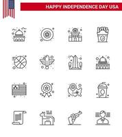 16 Zeilenzeichen für Usa-Unabhängigkeitstag-Ball Usa-Gebäude Lebensmittel Frise editierbare Usa-Tag-Vektordesign-Elemente vektor