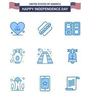 Lycklig oberoende dag 4:e juli uppsättning av 9 blues amerikan pictograph av byggnad mat bok frites pommes frites redigerbar USA dag vektor design element