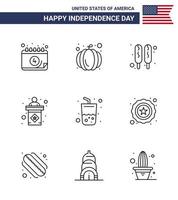 Happy Independence Day Pack mit 9 Zeilen Zeichen und Symbolen für Cola-Getränk-Hot-Dog-Glasbühne editierbare usa-Tag-Vektordesign-Elemente vektor