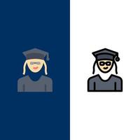 Mütze Bildung Graduierung Frau Symbole flach und Linie gefüllt Symbolsatz Vektor blauen Hintergrund
