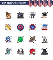 Stock Vektor Icon Pack mit amerikanischen Tag 16 Zeilenzeichen und Symbolen für Feiertags-Hotdog-Barbecue-amerikanischer Offizier editierbare usa-Tag-Vektordesign-Elemente