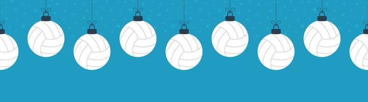 god jul volleyboll sömlöst horisontellt mönster. hänga på en tråd platt tecknad volleybollboll som en julboll på blå horisontell bakgrund. sport vektorillustration. vektor