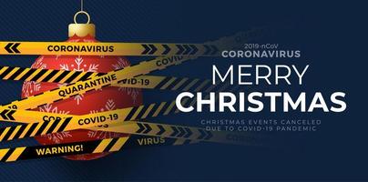 rote Weihnachtskugel und Quarantäne Biohazard Gefahr. gelbe und schwarze Streifen. Coronavirus Covid-19 und Weihnachten oder Neujahr annulliert Konzept. Vektorillustration vektor
