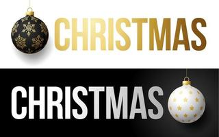 Luxus trendige Gold Typografie Weihnachten auf einem Hintergrund mit Weihnachtsball. Typografie mit realistischem 3D-Baumspielzeug für die Gestaltung von Flyern, Broschüren, Faltblättern, Postern und Karten. Vektorillustration vektor