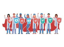 Frauen und Männer Ärzte Helden mit Umhängen und Schilden gegen 2019 ncov Virus Vektor-Design vektor