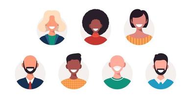 Reihe von Avataren von glücklichen Menschen verschiedener Rassen und Altersgruppen. Porträts von Männern und Frauen. Vektorillustration im Cartoon-Stil. vektor