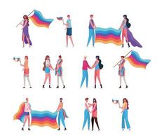 Frauen- und Männerkarikaturen mit Kostümen und lgtbi Flaggenvektordesign vektor