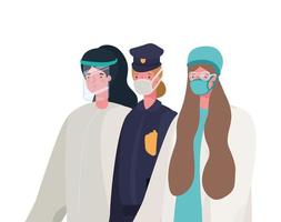 Polizistin und Ärzte mit Schutzanzug und Maskenvektordesign vektor