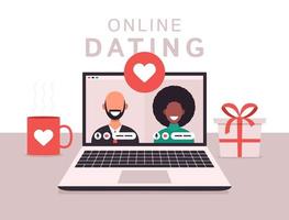 online dating app koncept med man och kvinna. platt vektorillustration med afrikansk kvinna och vit skallig man på bärbar datorskärm. vektor