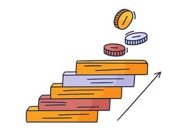 tritt an die Münze. Vektor Gekritzelillustration gezeichnet von Hand mit Stufen oder Treppen, auf denen ein Symbol der Geldmünze ist. der Weg zum Erfolg und zum Erreichen von Zielen