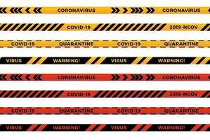 Warnstreifen. Coronavirus Warnung nahtlose Streifen. covid-19 Zeichen. Quarantäne-Biogefährdungssymbol. Warnliniensammlung schwarze, rote und gelbe Farbe, lokalisiert auf weißem Hintergrund. Vektor