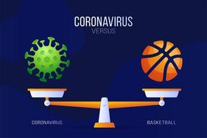 Coronavirus- oder Basketballvektorillustration. kreatives Konzept von Skalen und Versus, auf einer Seite der Skala befindet sich ein Virus covid-19 und auf der anderen Seite ein Basketballball-Symbol. flache Vektorillustration. vektor