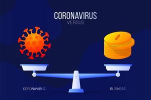 Coronavirus oder wirtschaftliche Geldvektorillustration. kreatives Konzept von Skalen und Versus, auf der einen Seite der Skala befindet sich ein Virus covid-19 und auf der anderen Seite das Geldmünzensymbol. flache Vektorillustration. vektor