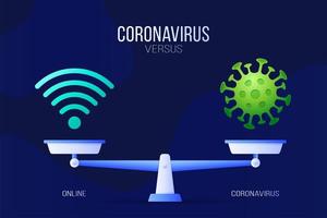 Coronavirus oder Online-Vektor-Illustration. kreatives Konzept von Skalen und Versus, auf der einen Seite der Skala befindet sich ein Virus covid-19 und auf der anderen Seite das WLAN-Symbol. flache Vektorillustration. vektor