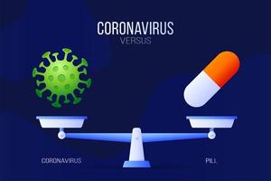 Coronavirus oder medizinische Pille Vektor-Illustration. kreatives Konzept von Skalen und Versus, auf einer Seite der Skala befindet sich ein Virus covid-19 und auf der anderen Pillenikone. flache Vektorillustration. vektor