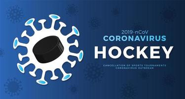 Eishockey Vektor Banner Vorsicht Coronavirus. Stopp des Ausbruchs 2019-ncov. Coronavirus-Gefahr und Risiko für die öffentliche Gesundheit Krankheit und Grippeausbruch. Absage von Sportveranstaltungen und Spielkonzept