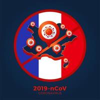 Frankreich Flagge isometrische Karte Zeichen Vorsicht Coronavirus. Stopp des Ausbruchs 2019-ncov. Coronavirus-Gefahr und Risiko für die öffentliche Gesundheit Krankheit und Grippeausbruch. pandemisches medizinisches Konzept. Vektorillustration. vektor