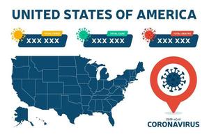 Covid-19 USA Karte bestätigte Fälle, Heilung, Todesfälle weltweit. Coronavirus-Krankheit 2019 Situations-Update weltweit. Amerika Karten und Nachrichten Schlagzeile zeigen Situation und Statistiken Hintergrund vektor