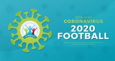 2020 Fußball Vektor Banner Vorsicht Coronavirus. Stopp des Ausbruchs 2019-ncov. Coronavirus-Gefahr und Risiko für die öffentliche Gesundheit Krankheit und Grippeausbruch. Absage von Sportveranstaltungen und Spielkonzept