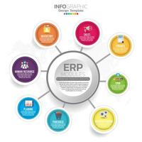 Infografik der ERP-Module für die Ressourcenplanung von Unternehmen mit Diagramm-, Diagramm- und Symboldesign. vektor