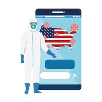 Online-Medizin für Coronavirus mit USA-Karte auf Smartphone vektor