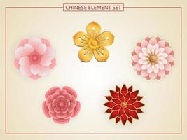 Chinesische Blumen mit rosa, roter, goldener Farbe im Papierschnittstil. vektor