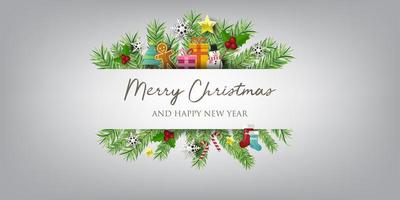 Weihnachtsbanner mit Hintergrund und Weihnachten verziert. Text Frohe Weihnachten und ein gutes neues Jahr. vektor
