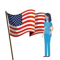 Gesundheitspersonal mit Gesichtsmaske und USA-Flagge vektor