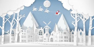 pappersskuren stil av jultomten på släde och renar i snöbyn i vinterbakgrunden som semester- och juldagskoncept. vektor