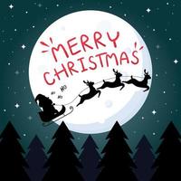 mörkblå gratulationskort med god jultext, jultomten, renar, måne och julgran vektor