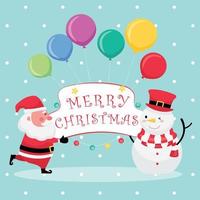 hellblaue Grußkarte mit frohen Weihnachtstext, Weihnachtsmann, Schneemann und buntem Ballon vektor