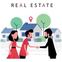 fastighetsbranschen med ett par som köper ett nytt hus från mäklaren vektor