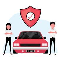 bilförsäkringsaffär med en agent som står bredvid en röd bil med skyddssymbol vektor