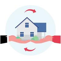 fastighetsföretag som erbjuder fastigheter eller hus till salu har händer som håller ett hem vektor