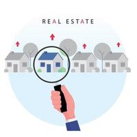 fastighetsföretag med hand som håller förstoringsglas för att söka i en fastighet eller ett hus till salu