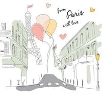 vykort från Paris Street, Eiffeltornet och ballonger, handritad vektor