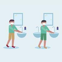 män med masker tvättar händerna på vattenkranens vektordesign vektor