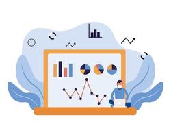 Mann mit Maske und Infografik auf Laptop-Vektor-Design vektor