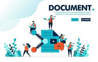 vektor illustration koncept för dokumentdelning. människor delar arbetsdokument och pappersarbete. delning och samarbete på jobbet. designad för målsida, webb, banner, mall, bakgrund, flygblad