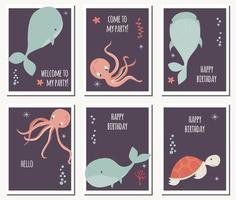 uppsättning med sex kort med undervattensdjur och födelsedagsmeddelanden vektor