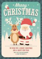 Frohe Weihnachtskarte mit Weihnachtsmann und Rentier auf Winterhintergrund vektor