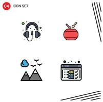4 universelle, gefüllte, flache Farbzeichen, Symbole für bearbeitbare Vektordesign-Elemente für Audio-Natur-Kopfhörer-China-Reisen vektor