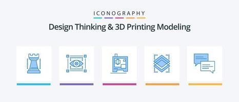 Design Thinking und D Printing Modeling Blue 5 Icon Pack inklusive Botschaft. Plaudern. Drucker. Server. Objekt. kreatives Symboldesign vektor