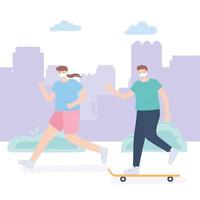 Menschen mit medizinischer Gesichtsmaske, Frau läuft und Junge reitet Schlittschuh im Park, Stadtaktivität während des Coronavirus vektor